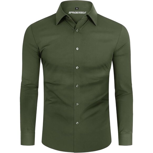 Men Grass Green Long Sleeve Slim Muscle Fit Wrinkle Free Button Down Dress Shirt - Picture 8 of 9